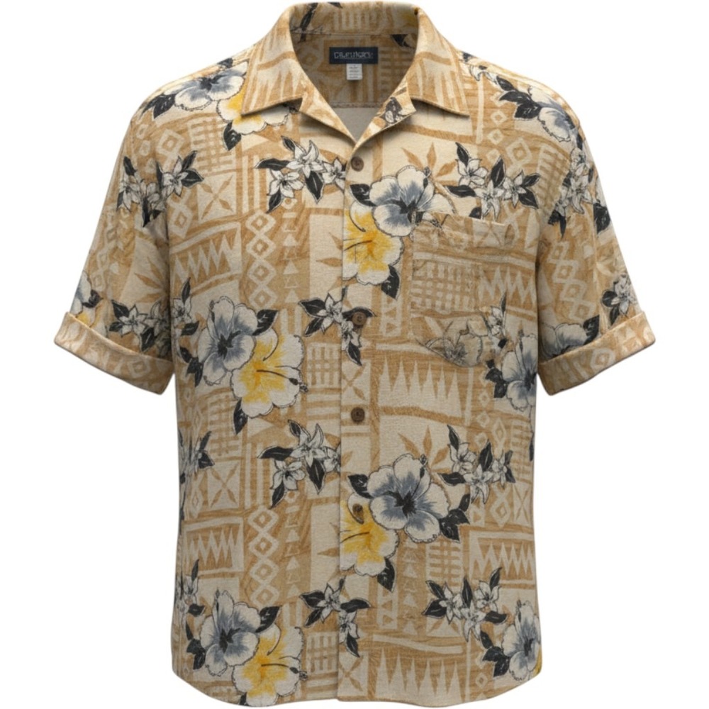 Puritan Mens Large Short Sleeve Button Up Shirt Tan Floral Hibiscus